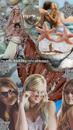 the collage shows two women and one man in bikinis with starfish on them