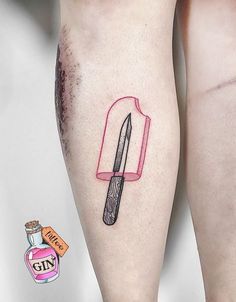 two legs with tattoos on them, one has a knife and the other has a jar