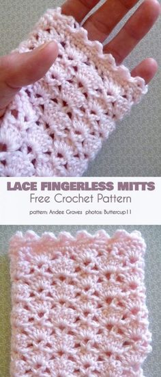 a hand holding a pink crochet mitt with the text, lace fingerless mitts free crochet pattern