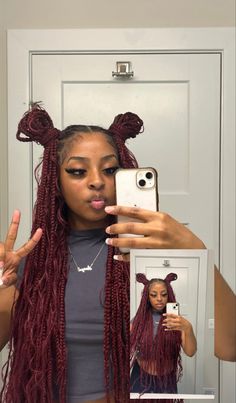 Red Knotless With Black Roots, Red And Purple Box Braids, Long Red Boho Knotless Braids, Quick Styles Black Women, Peekaboo Braids Burgundy, 99j Hair Color Black Women Braids, Boho Burgundy Knotless Braids, Burgundy Protective Styles