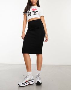 ASOS DESIGN jersey pencil midi skirt in black | ASOS Casual Bodycon Skirt For Work, Trendy Midi-length Pencil Skirt, Trendy Stretch Midi-length Bottoms, Trendy Bodycon Mini Skirt, Casual High Waist Bodycon Skirt, Trendy Fitted Midi Skirt, Trendy Fitted Midi Length Pencil Skirt, Casual Bodycon Knee-length Skirt, Casual Bodycon Knee-length Pencil Skirt