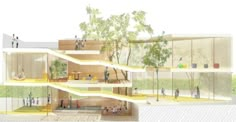 an architectural rendering of a building with people walking around it and trees in the background