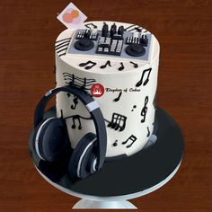 a cake with headphones and musical notes on it