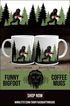 two coffee mugs with an image of a gorilla holding a surfboard in front of them