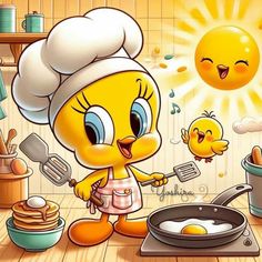 an image of a cartoon character cooking in the kitchen with eggs and chicken on the stove