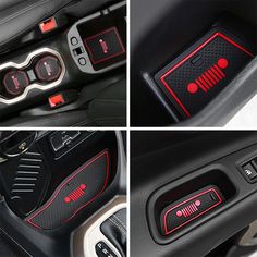 three pictures of the inside of a car with red buttons and black leather trims