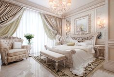 an elegant bedroom with white furniture and chandelier