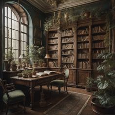 an old fashioned library with bookshelves and potted plants on the desks