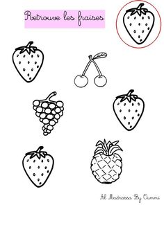 four strawberries and two cherries are drawn in black ink