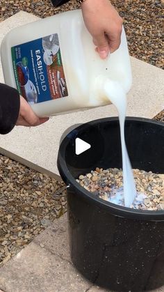 a person pouring milk into a black pot filled with rocks and gravel on the ground