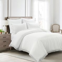 Solid. Lace Detail. Machine Wash, Tumble Dry Low. Lush Decor Pure White Solid King Comforter | 21T012785 Cottage Style Bedroom, Lush Decor, Patio Dining Table, Queen Comforter, King Comforter, Lightweight Comforter, Comforter Set, Patio Furniture Sets, Vintage Farmhouse