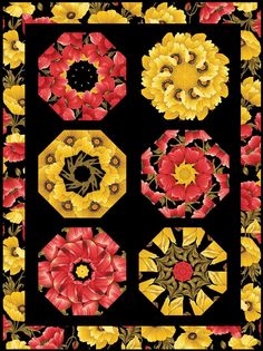 a black background with red, yellow and orange flowers in the shape of hexagons