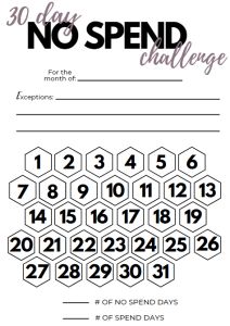 a printable no spend challenge sheet with numbers