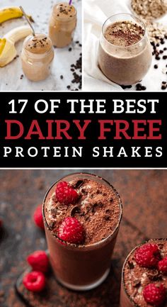 the best dairy - free protein shakes for breakfast and desserts are on display in this collage