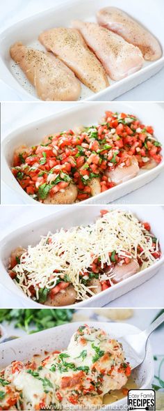 three different pictures of food in pans with cheese on top and chicken covered in sauce