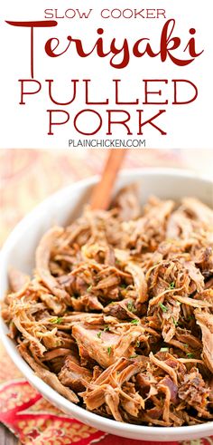 slow cooker teriya pulled pork in a white bowl on a red and yellow table cloth