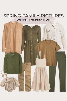 an assortment of clothes and shoes for children with the words spring family pictures outfit inspiration