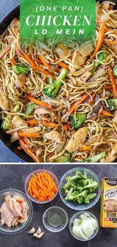 one pan chicken lo mein with broccoli, carrots and other ingredients