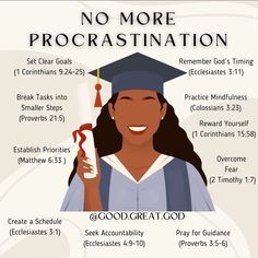 Image showing motivational Bible verses to help overcome procrastination and enhance productivity. Asking God For Help, Ecclesiastes 4 9 10, Pray For Guidance, Celebrate Small Wins, Following God, Put First Things First, Trust The Timing, Remember God, Ecclesiastes 3 11