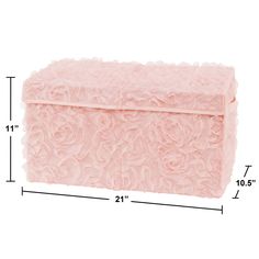 a pink box with ruffles on the top and bottom, measurements for it