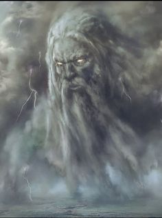 a painting of a man with long hair and yellow eyes surrounded by clouds in the sky