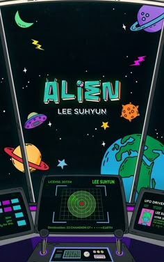 alien lee suhyun on the cover of an old computer game, with space and planets in the background