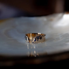 two wedding rings sitting on top of a white plate with blue flowers in the middle