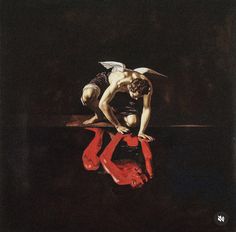 a painting of a man bending over with his head on the ground and hands behind him