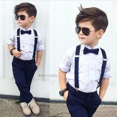 two pictures of a little boy wearing sunglasses and suspenders, with his hands in his pockets