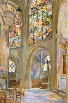 a painting of a church with stained glass windows