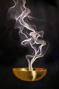 a painting of a cup with steam coming out of it's top, on a black background