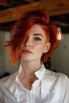 A striking vibrant red undercut bob on a woman over 60 Undercut Bob Haircut, Edgy Short Haircuts, Short Red Hair, Edgy Short Hair, Short Hair Color, Red Hair Color, Undercut, Hair Today, Short Hairstyles