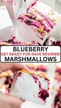 one image shows the top of a marshmallow and the second shows the side of one. Blueberry Marshmallows, Cheesecake Marshmallow, Marshmallow Dessert Recipes, Blueberry Syrup