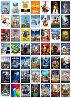 many movie posters are shown together in this collage, including the characters from animation movies