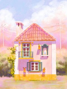 a painting of a pink and yellow house