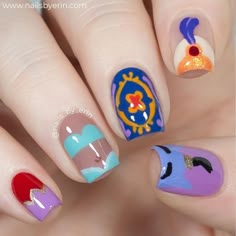 Disney Manicure Ideas, Aladdin Nails, Disney Nail Design, Disney Manicure, White Short Nails, Disney Nail Art