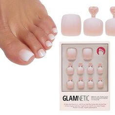 High-Quality Press-On Toenails Kit: All Glamnetic Press-On Toenail Kits offer high-quality salon style and feature protective UV coating, to ensure your set won't break or split for up to 2 weeks!
Classic White French Tip Toenails - This timeless look will never go out of style! Enhance your at-home pedicure with a classic french-tip design that's perfect for all your day-to-night plans. Saving time and money while having a flawless pedi has never been easier. Press On Toenails, French Tip Design, Nail Infection, Elegant Nail Designs, Pedicure At Home, Summer Toe Nails, White French Tip, White Ombre, Color Crema