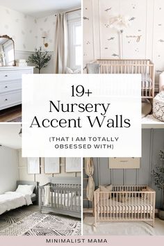 the nursery room is clean and organized with white furniture, wallpapers and accessories