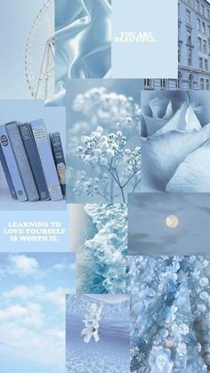 a collage of blue and white images