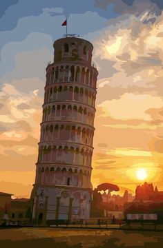 a painting of the leaning tower of pisa at sunset, with clouds in the background