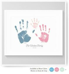 two hand prints with the words,'the modern family'in pink and blue