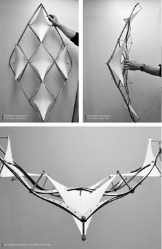 three different views of an art piece being made with metal wire and plastic material,