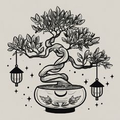 an ink drawing of a bonsai tree in a bowl with hanging lanterns around it