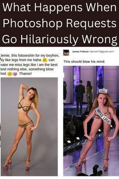 three photos of women in bikinis on the runway with caption that reads, what happens when photoshop requests go hilariously wrong?