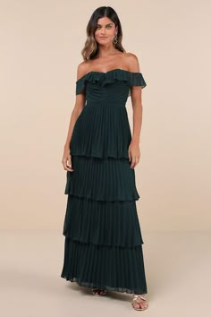 Always Remarkable Emerald Pleated Off-the-Shoulder Maxi Dress Green Dress Formal, Green Lace Maxi Dress, Black Wedding Guest Dresses, Blue Wedding Guest Dresses, Casual Wedding Guest Dresses, Gathered Bodice, Bridal Party Dresses, Adhesive Bra, Wedding Guest Dresses