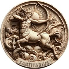 the zodiac sign for sagitartus is depicted in this carved wooden plaque,