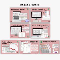 the health and fitness worksheet is shown in four different positions, including an exercise tracker