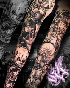 some very nice tattoos on someone's legs and leggings with the characters in them