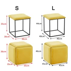 three different sizes of stools with measurements for each side and the top one in yellow