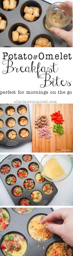 some food is being cooked in pans on the stove and then put into muffin tins